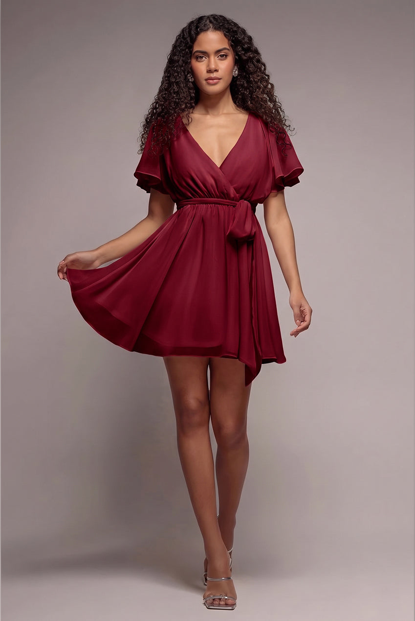 Flutter Sleeve Wrap Mini Dress With Elasticated Waist - Berry DR2843
