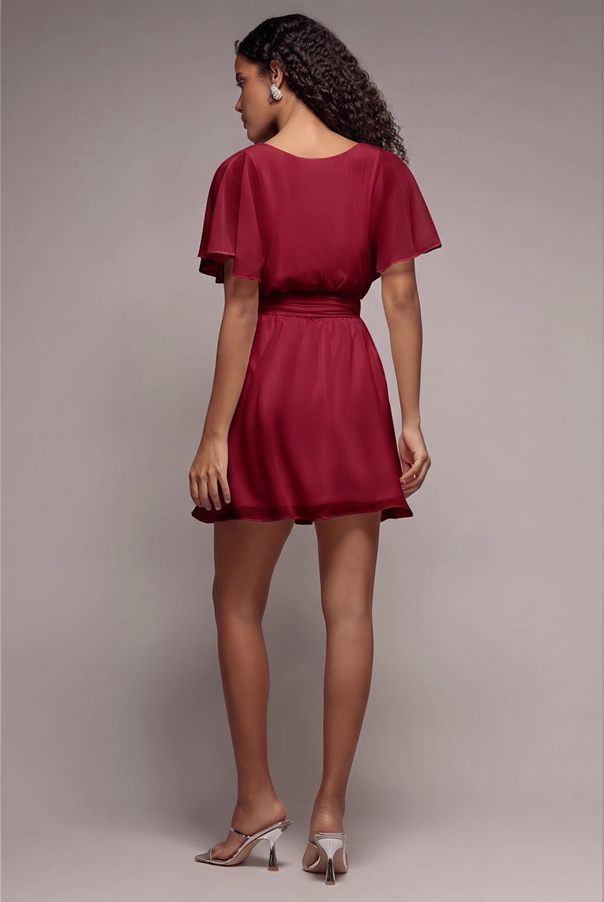 Flutter Sleeve Wrap Mini Dress With Elasticated Waist - Berry DR2843