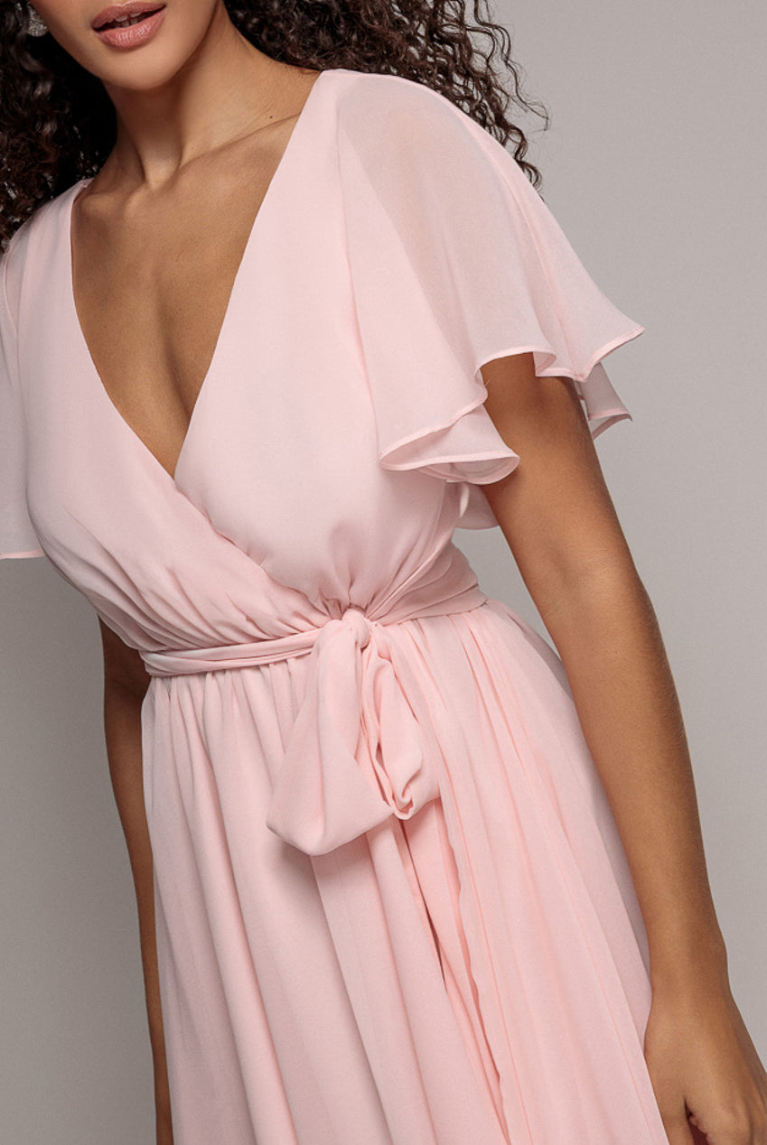 Flutter Sleeve Wrap Mini Dress With Elasticated Waist - Soft Pink DR2843