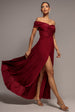 Gathered Bardot Maxi Dress With Front Split - Berry by Goddiva