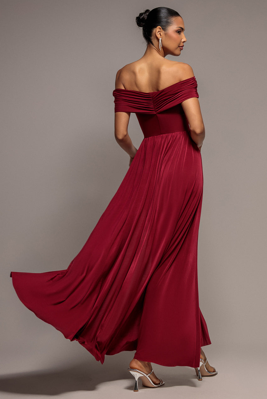Gathered Bardot Maxi Dress With Front Split - Berry DR2873