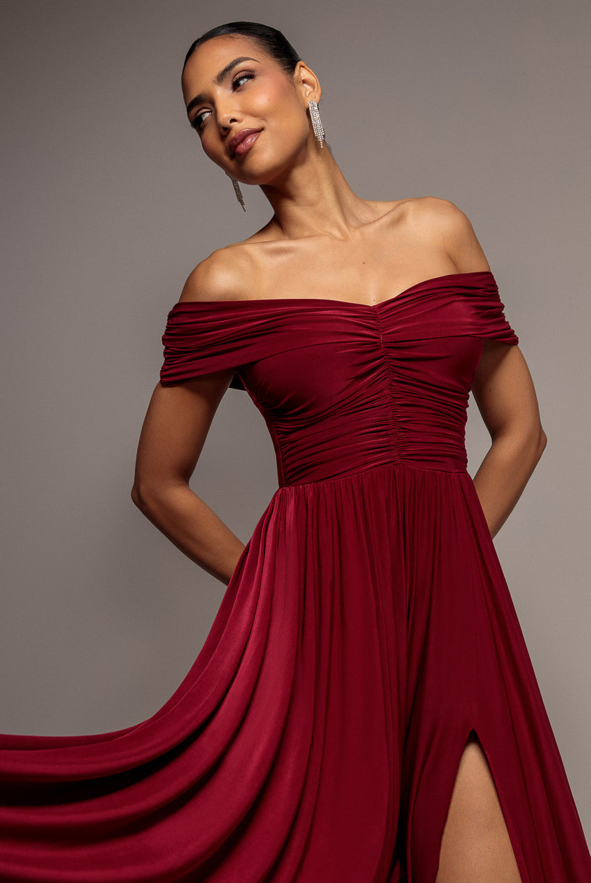 Gathered Bardot Maxi Dress With Front Split - Berry DR2873