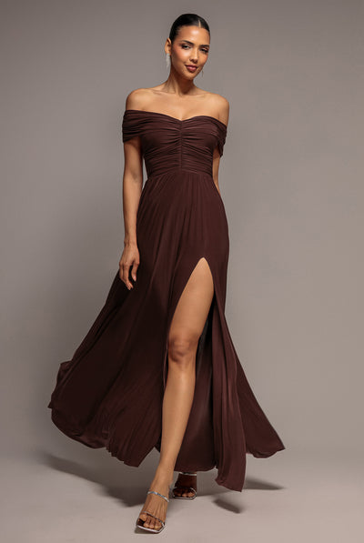 DarkBrown - Gathered Bardot Maxi Dress With Front Split - Dark Brown by Goddiva