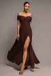Gathered Bardot Maxi Dress With Front Split - Dark Brown by Goddiva