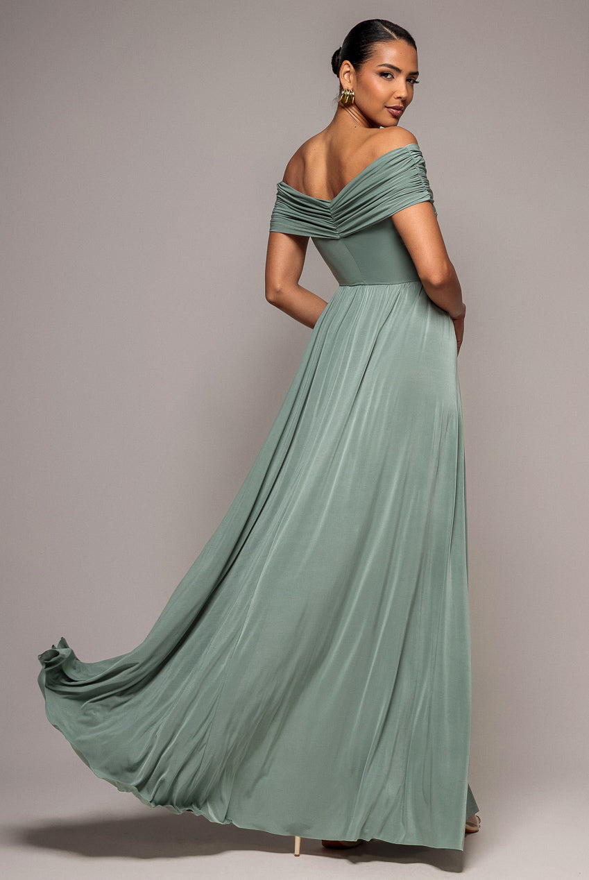 Gathered Bardot Maxi Dress With Front Split - Dark Sage DR2873