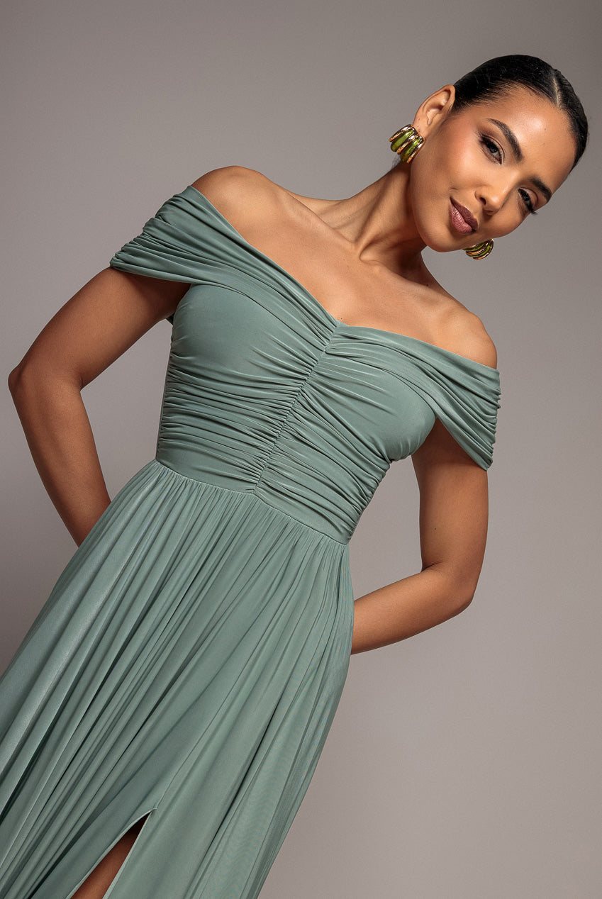 Gathered Bardot Maxi Dress With Front Split - Dark Sage DR2873