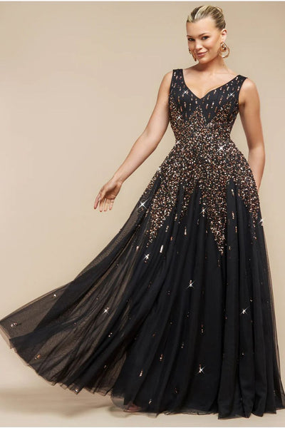 Black - Sunray Hand Embellished Sequin A-Line Sleeveless Maxi Dress - Black by Goddiva