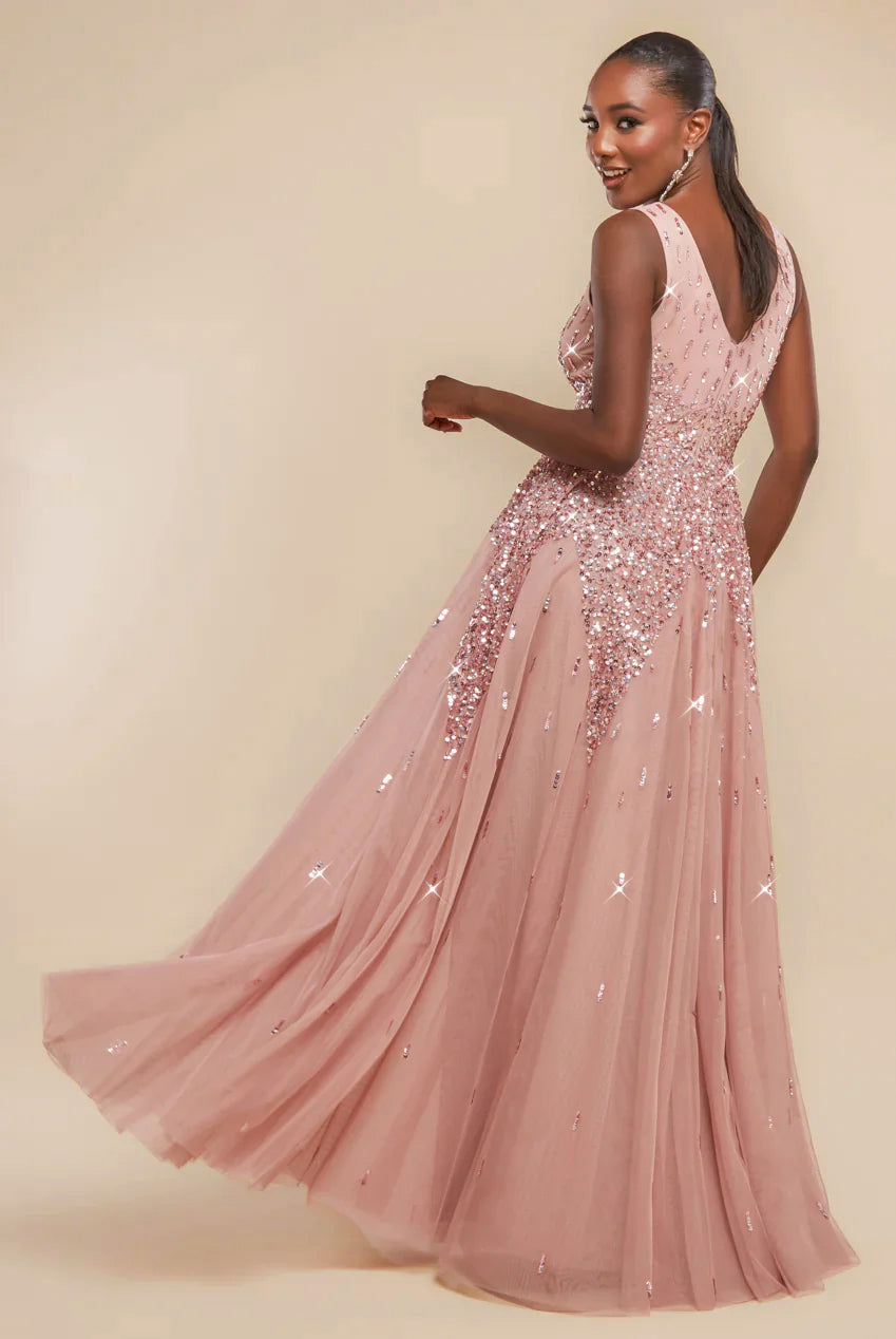 Sunray Hand Embellished Sequin A-Line Sleeveless Maxi Dress - Blush Pink DR2882