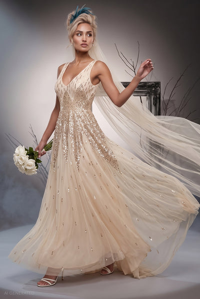 Ivory - Sequin A-line Maxi Dress Jilted Bride Halloween Costume - Ivory by Goddiva