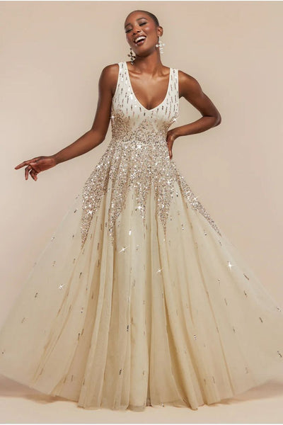 Sunray Hand Embellished Sequin A-Line Sleeveless Maxi Dress - Ivory |  Goddiva