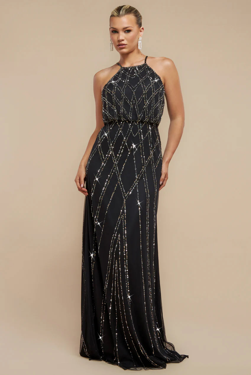 Racer Neck Sleeveless Hand Embellished Sequin Maxi Dress - Black DR2889