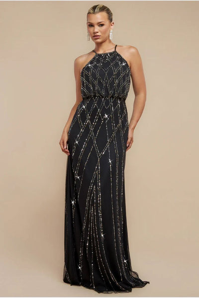 Black - Racer Neck Sleeveless Hand Embellished Sequin Maxi Dress - Black by Goddiva