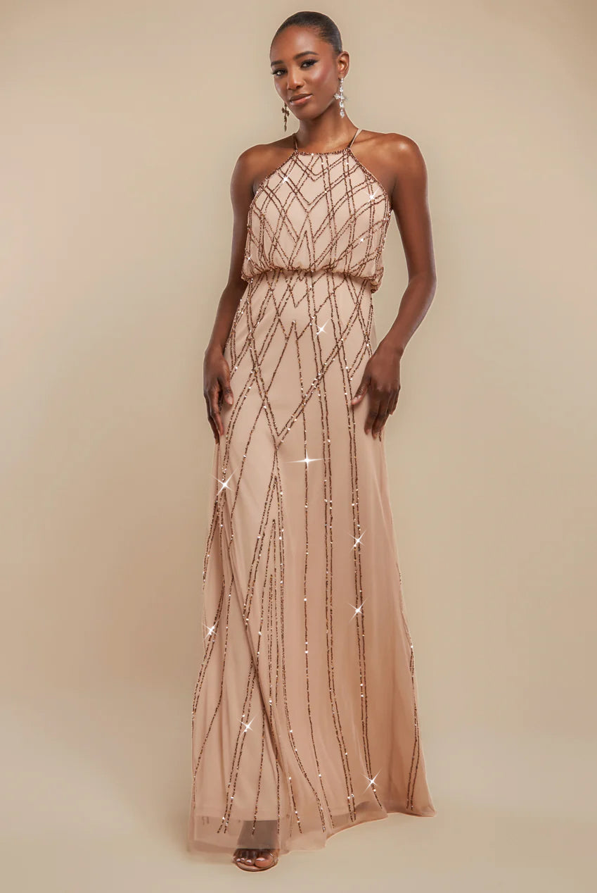 Racer Neck Sleeveless Hand Embellished Sequin Maxi Dress - Champagne DR2889