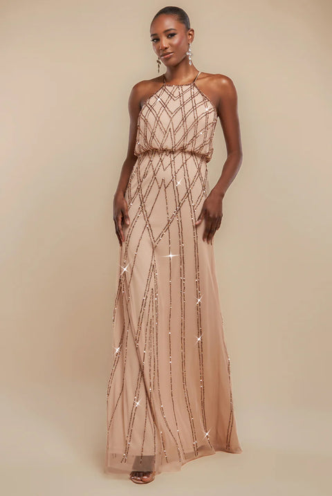 Racer Neck Sleeveless Hand Embellished Sequin Maxi Dress - Champagne by Goddiva