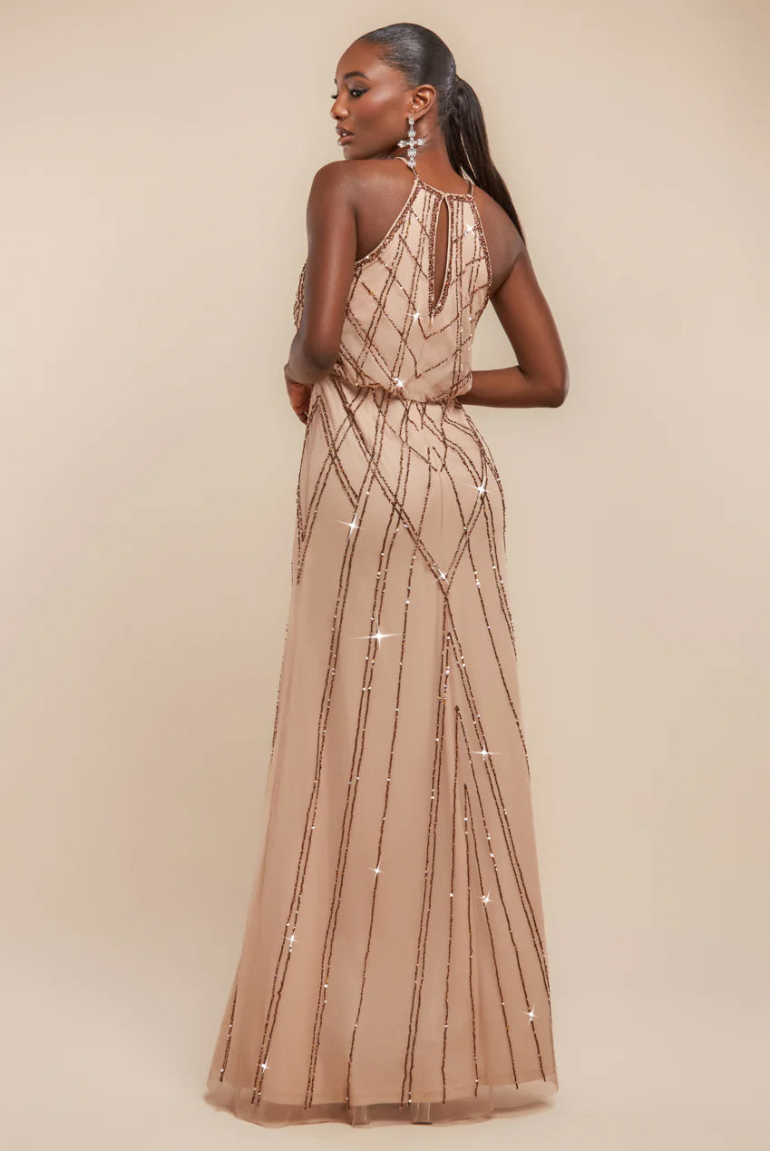 Racer Neck Sleeveless Hand Embellished Sequin Maxi Dress - Champagne DR2889