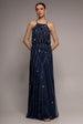 Racer Neck Sleeveless Hand Embellished Sequin Maxi Dress - Navy Blue by Goddiva