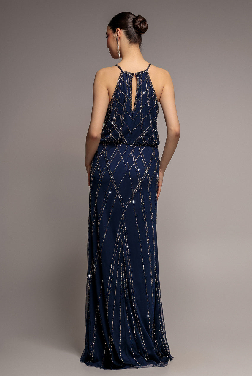 Racer Neck Sleeveless Hand Embellished Sequin Maxi Dress - Navy Blue DR2889