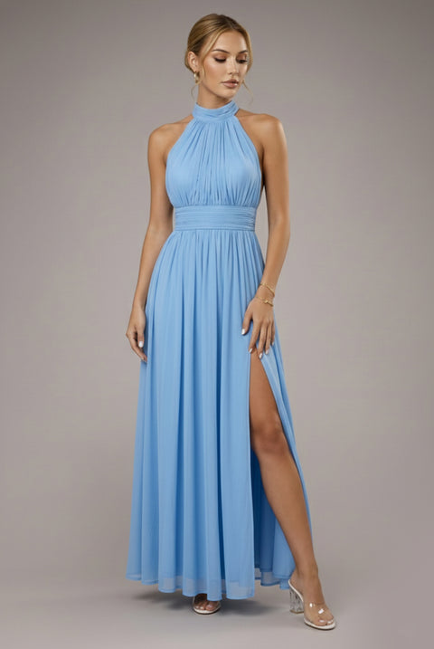 Halter Neck Mesh Tie Maxi Dress - Dusty Blue by Goddiva