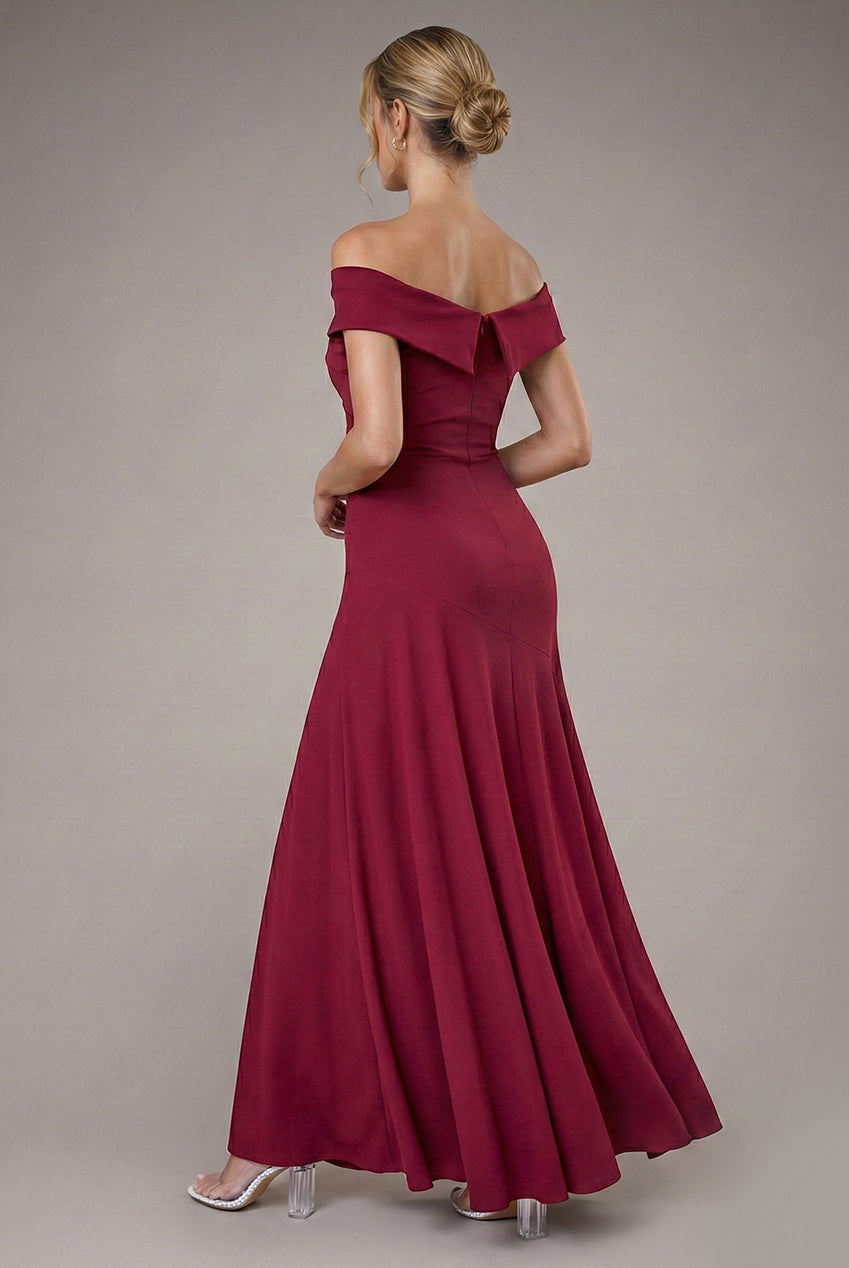 Scuba Crepe Off Shoulder Front Split Maxi Dress - Wine DR2930