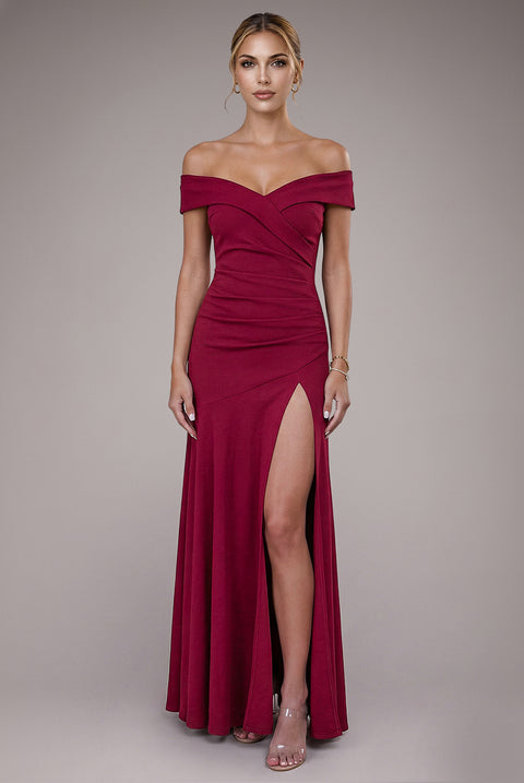 Scuba Crepe Off Shoulder Front Split Maxi Dress - Wine by Goddiva