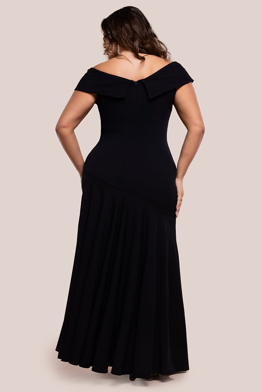 Scuba Crepe Off Shoulder Front Split Maxi Dress - Black DR2930PLUS