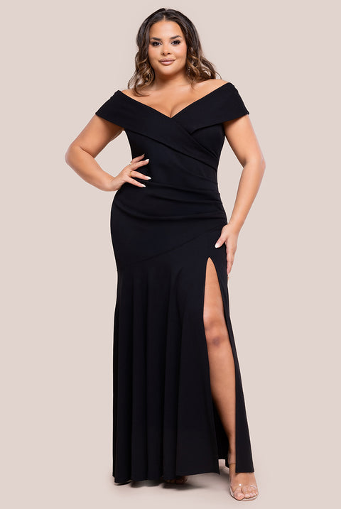 Scuba Crepe Off Shoulder Front Split Maxi Dress - Black by Goddiva Plus