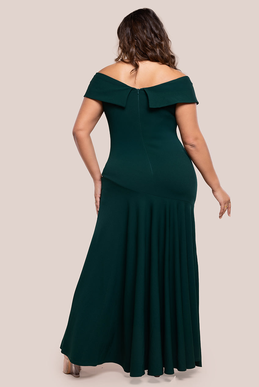 Scuba Crepe Off Shoulder Front Split Maxi Dress - Emerald Green DR2930PLUS