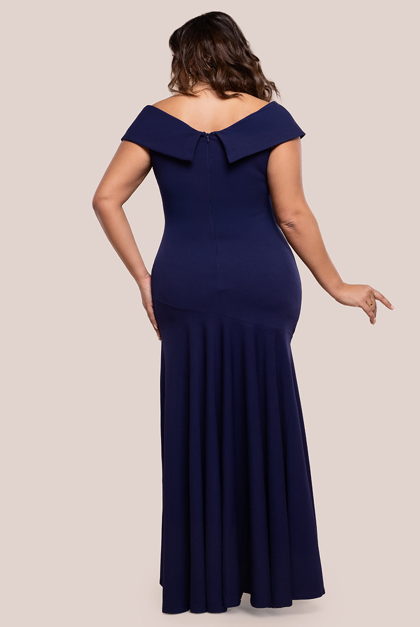 Scuba Crepe Off Shoulder Front Split Maxi Dress - Navy Blue DR2930PLUS