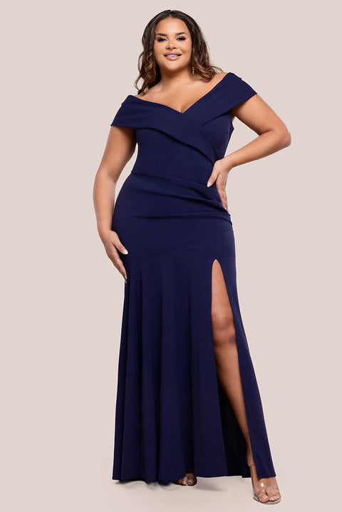 Scuba Crepe Off Shoulder Front Split Maxi Dress - Navy Blue by Goddiva Plus