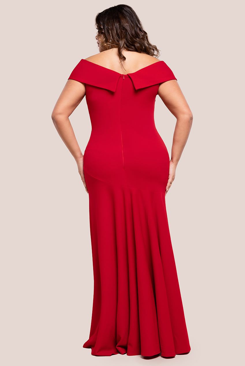 Scuba Crepe Off Shoulder Front Split Maxi Dress - Red DR2930PLUS