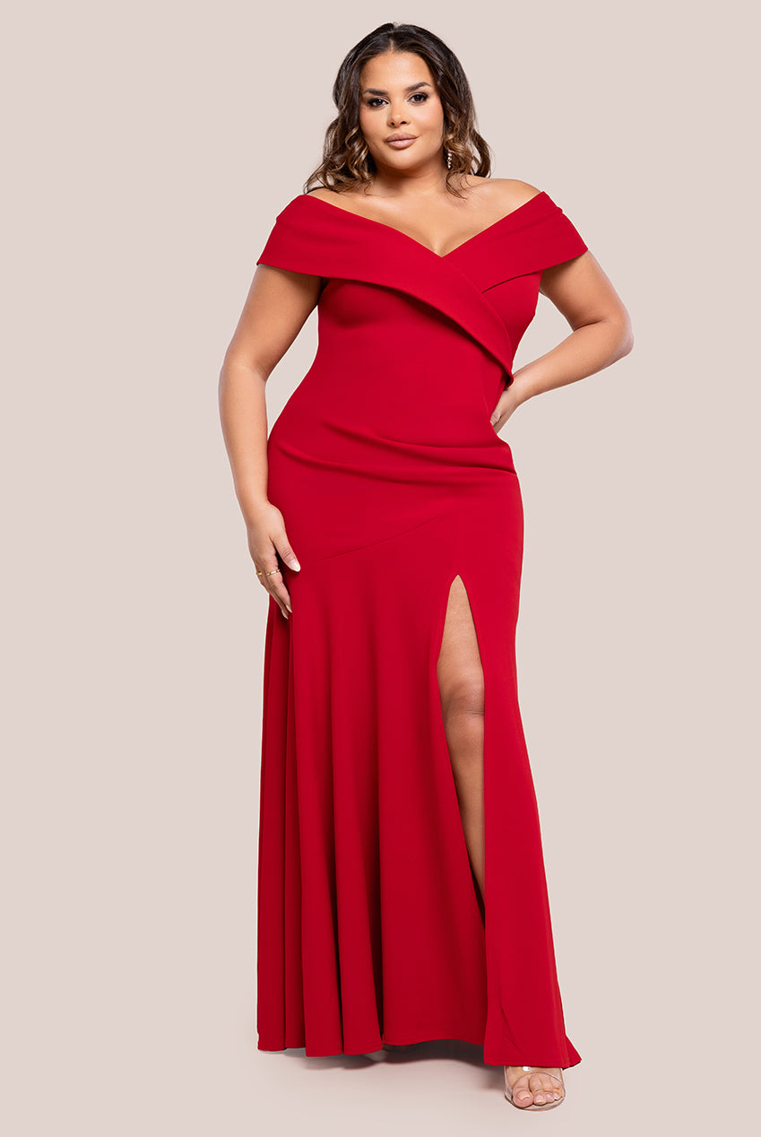 Scuba Crepe Off Shoulder Front Split Maxi Dress - Red DR2930PLUS