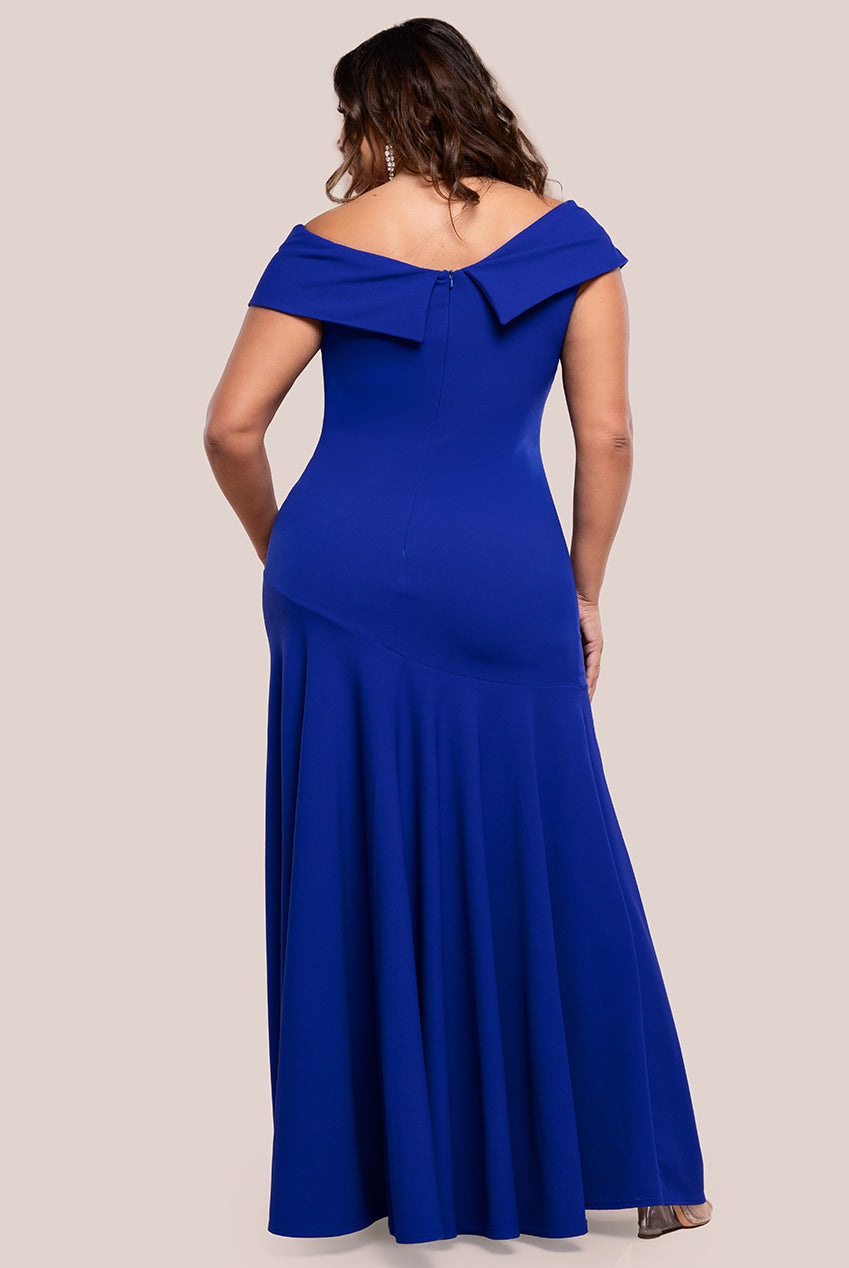 Scuba Crepe Off Shoulder Front Split Maxi Dress - Royal Blue DR2930PLUS