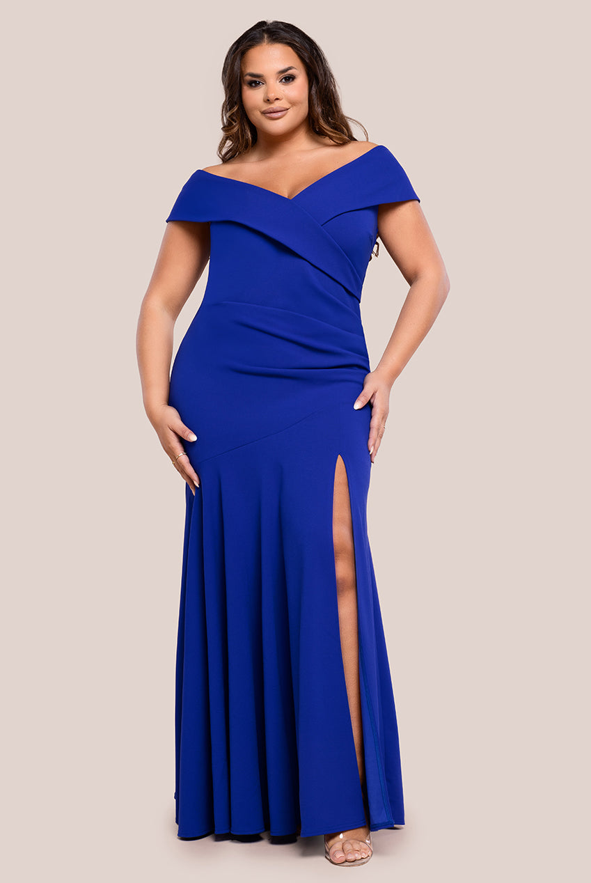 Scuba Crepe Off Shoulder Front Split Maxi Dress - Royal Blue DR2930PLUS