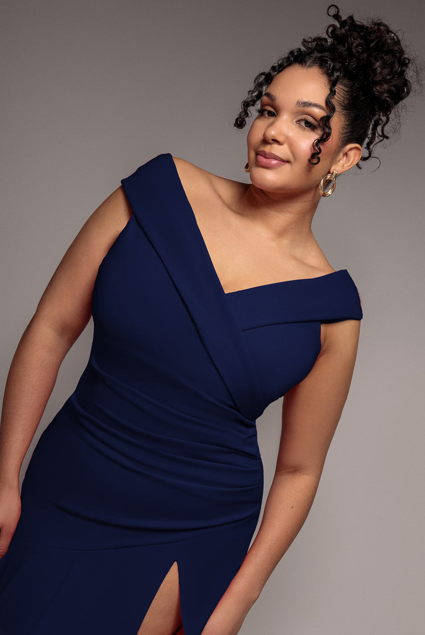 Scuba Crepe Off Shoulder Front Split Maxi Dress - Navy Blue DR2930PLUS