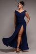 Scuba Crepe Off Shoulder Front Split Maxi Dress - Navy Blue by Goddiva Plus