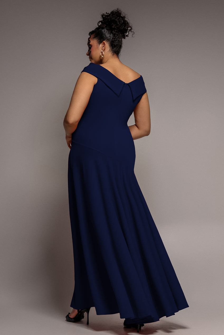 Scuba Crepe Off Shoulder Front Split Maxi Dress - Navy Blue DR2930PLUS