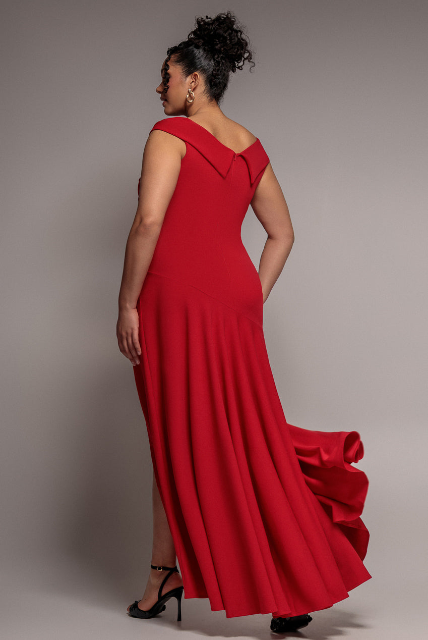 Scuba Crepe Off Shoulder Front Split Maxi Dress - Red DR2930PLUS