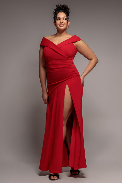 Scuba Crepe Off Shoulder Front Split Maxi Dress - Red by Goddiva Plus