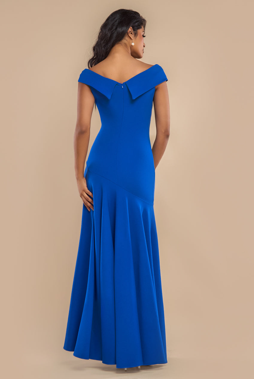 Scuba Crepe Off Shoulder Front Split Maxi Dress  - Royal Blue DR2930SC