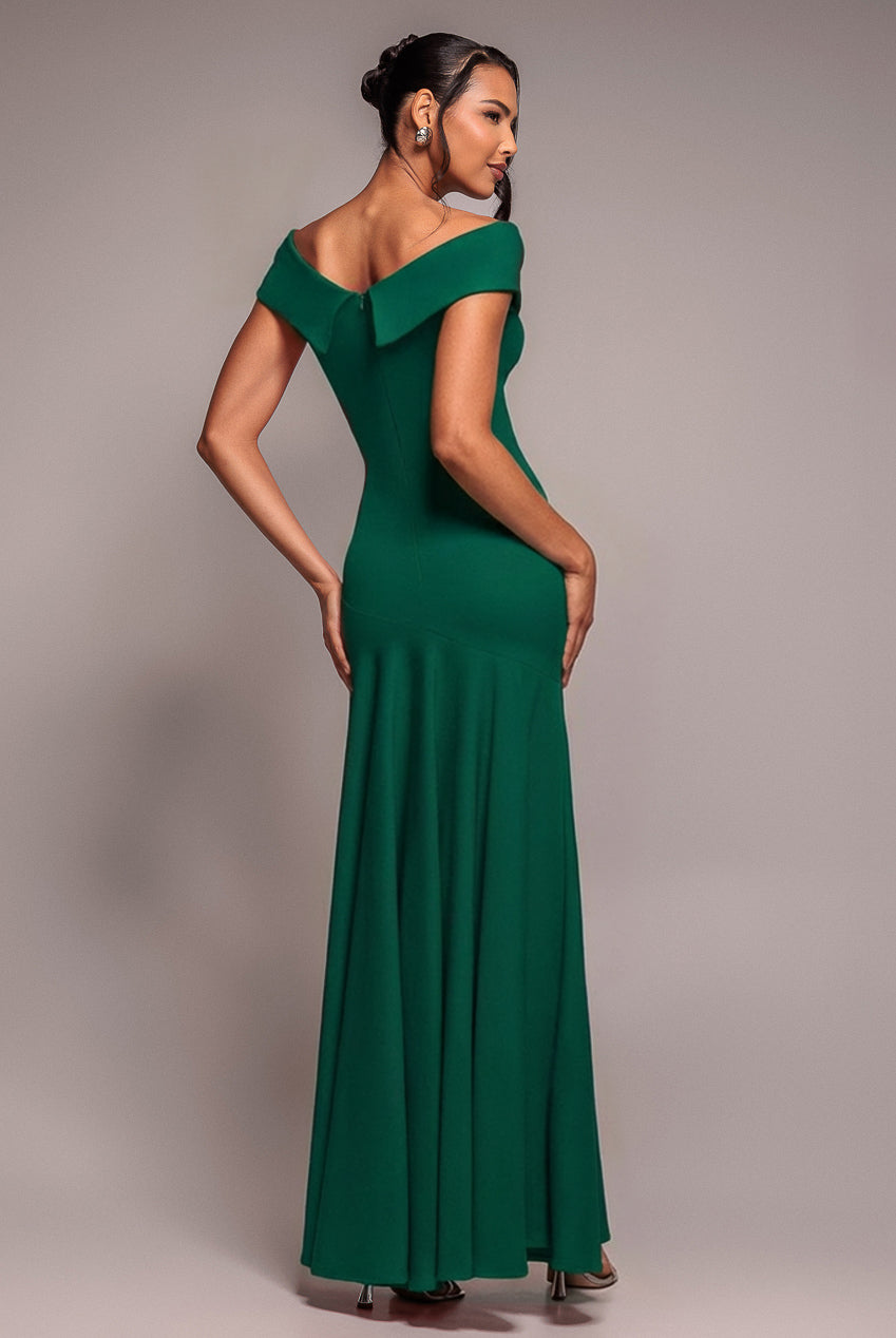 Scuba Crepe Off Shoulder Front Split Maxi Dress - Emerald DR2930