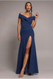 Scuba Crepe Off Shoulder Front Split Maxi Dress - Navy Blue by Goddiva