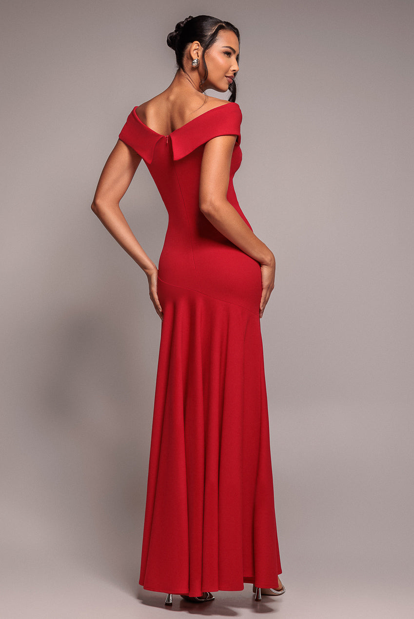 Scuba Crepe Off Shoulder Front Split Maxi Dress - Red DR2930SC