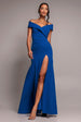 Scuba Crepe Off Shoulder Front Split Maxi Dress  - Royal Blue by Goddiva