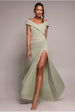 Scuba Crepe Off Shoulder Front Split Maxi Dress - Sage Green by Goddiva