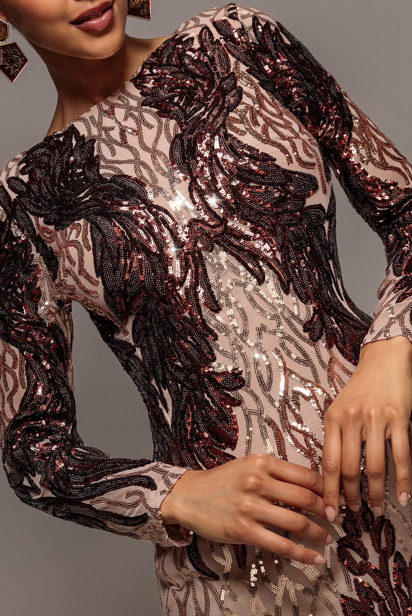 Boat Neck Full Sleeve Sequin Midi Dress - Champagne DR3008