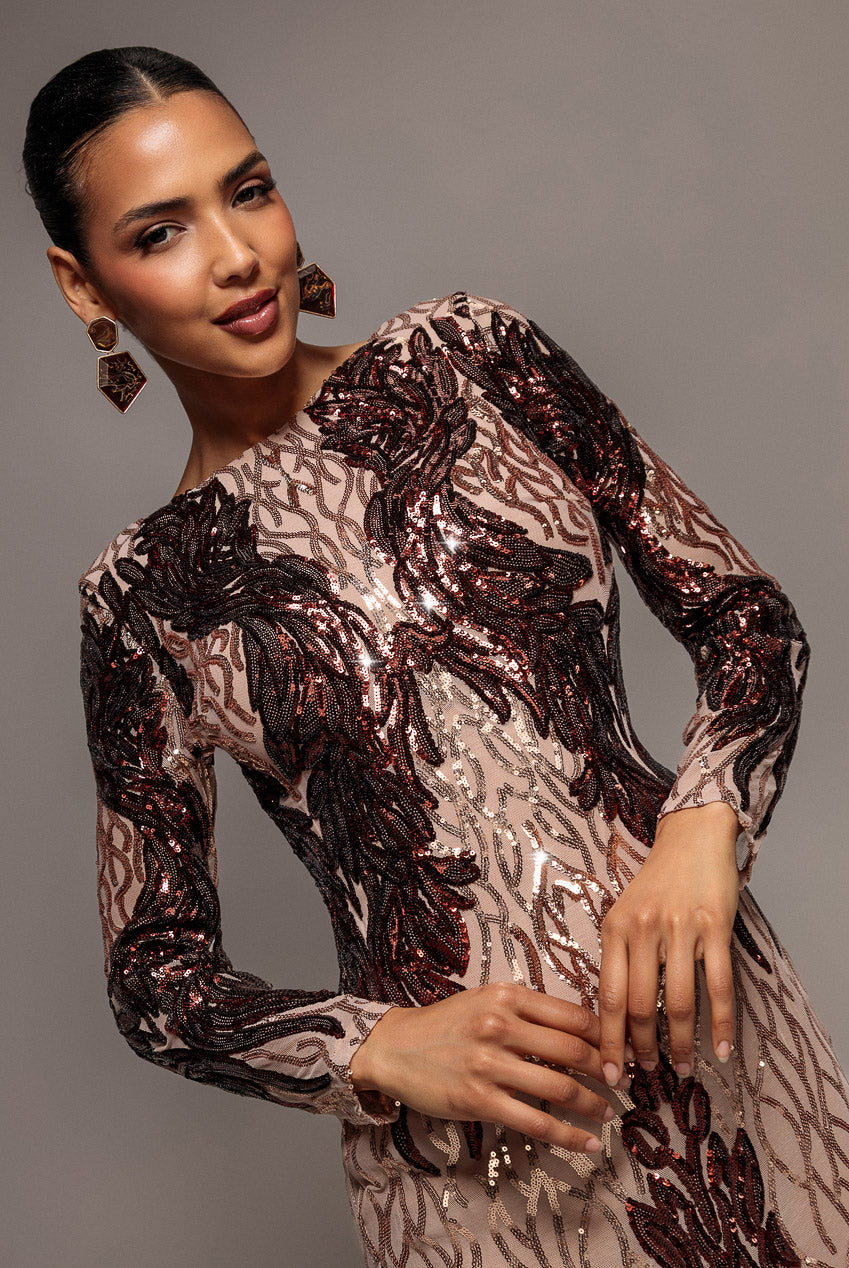 Boat Neck Full Sleeve Sequin Midi Dress - Champagne DR3008