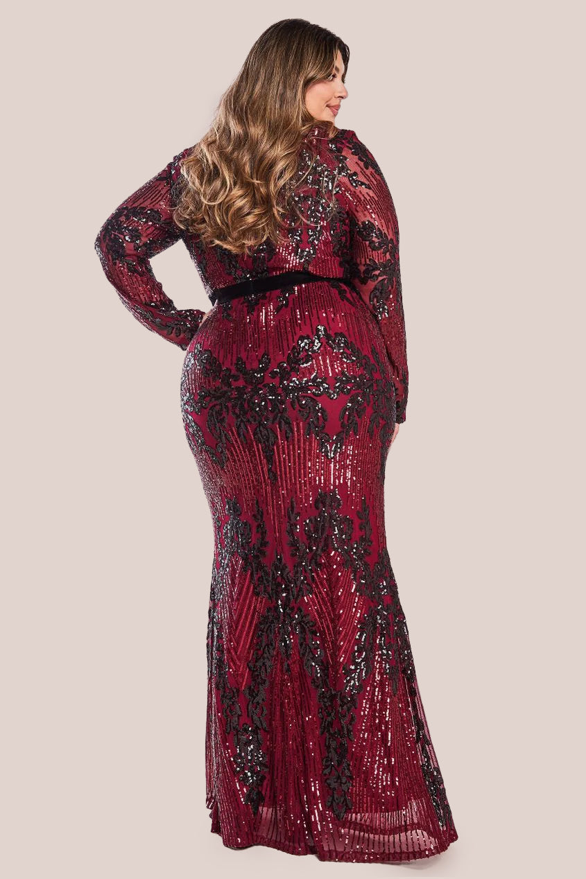 Long Sleeve Sequin Evening Maxi - Wine DR3016P