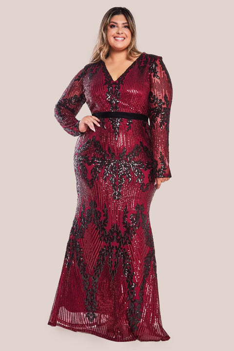 Long Sleeve Sequin Evening Maxi - Wine DR3016P