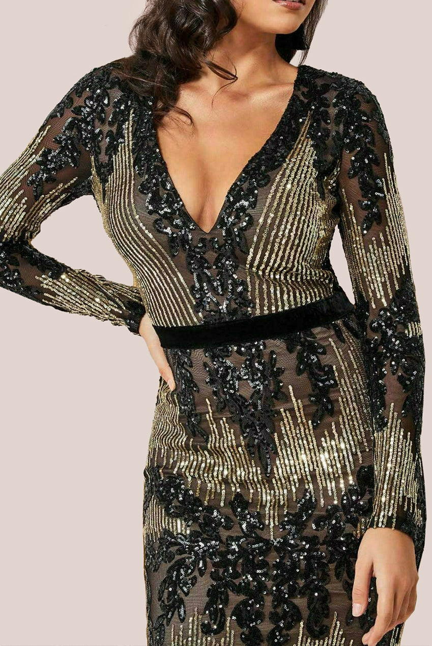 Goddiva Long Sleeve Sequin Evening Maxi Dress Black