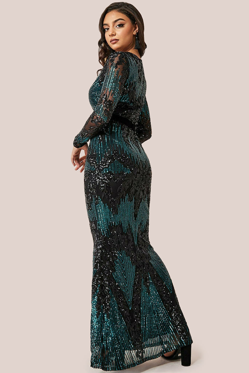 Long Sleeve Sequin Evening Maxi Dress - Emerald DR3016